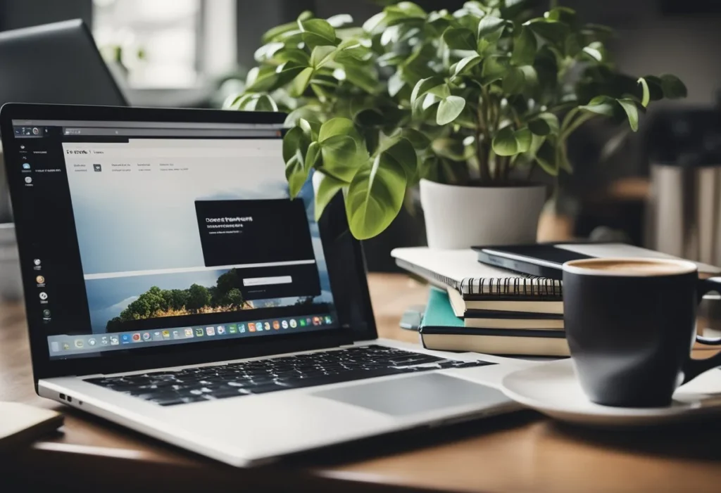 A cluttered desk with a laptop, notebook, and pen. A family photo sits next to a plant, while a stack of books and a mug of coffee complete the scene