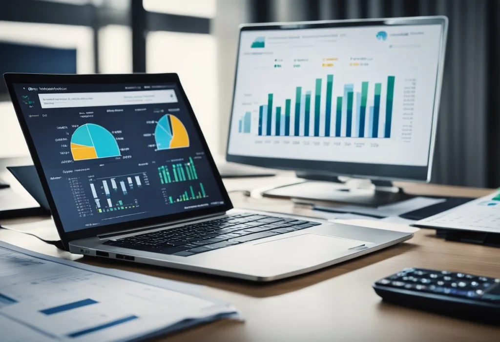 A desk covered with financial documents and a laptop displaying charts and graphs. A calculator and pen sit nearby