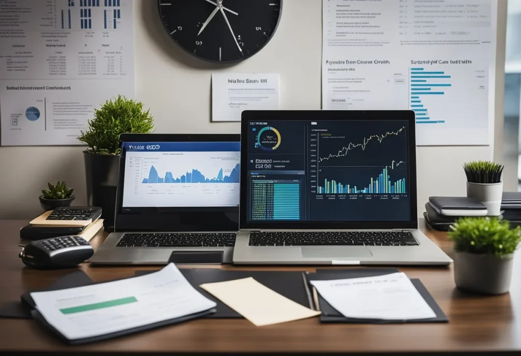 A desk cluttered with business documents, a laptop, and a nameplate reading "Katie Britt, CEO." A wall display shows a graph of financial growth