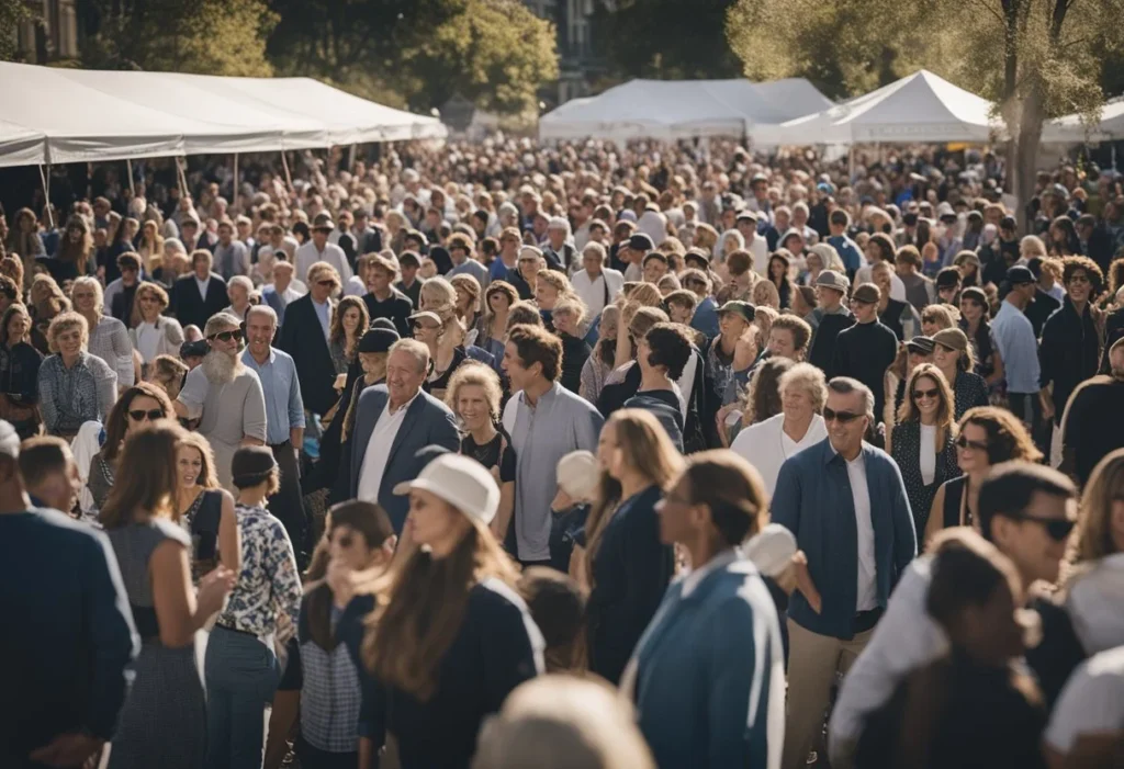 A large crowd gathers for a charity event, with banners and logos promoting Katie Britt's philanthropy. A sense of community and support is palpable