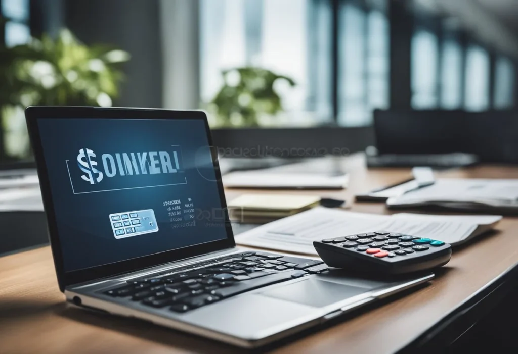 A desk with a laptop, financial documents, and a calculator. A stack of money and a business logo in the background